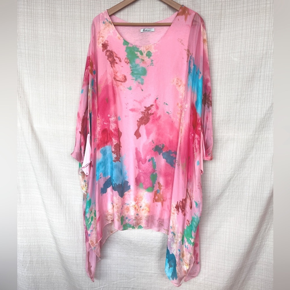 Silk Dress Tunic Made in Italy Abstract Watercolor Kimono Sleeve Sheer